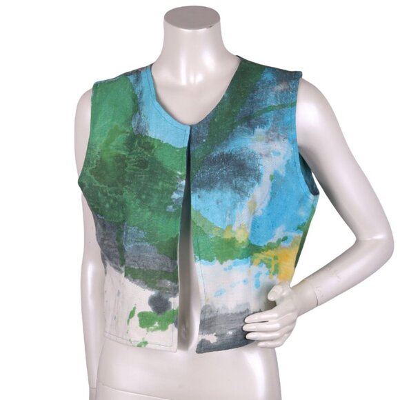 Mexico Handmade Vest Grasol Boutique Cropped Cotton Watercolours Blue Green - Picture 5 of 10